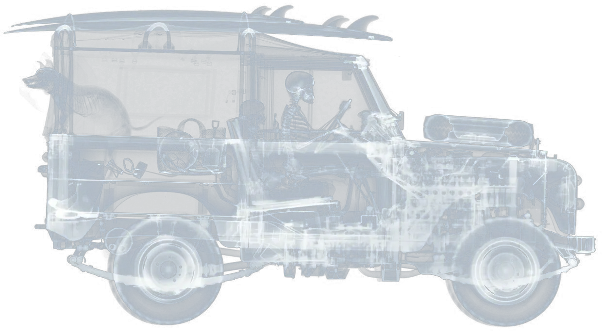 x-ray land rover car with man inside
